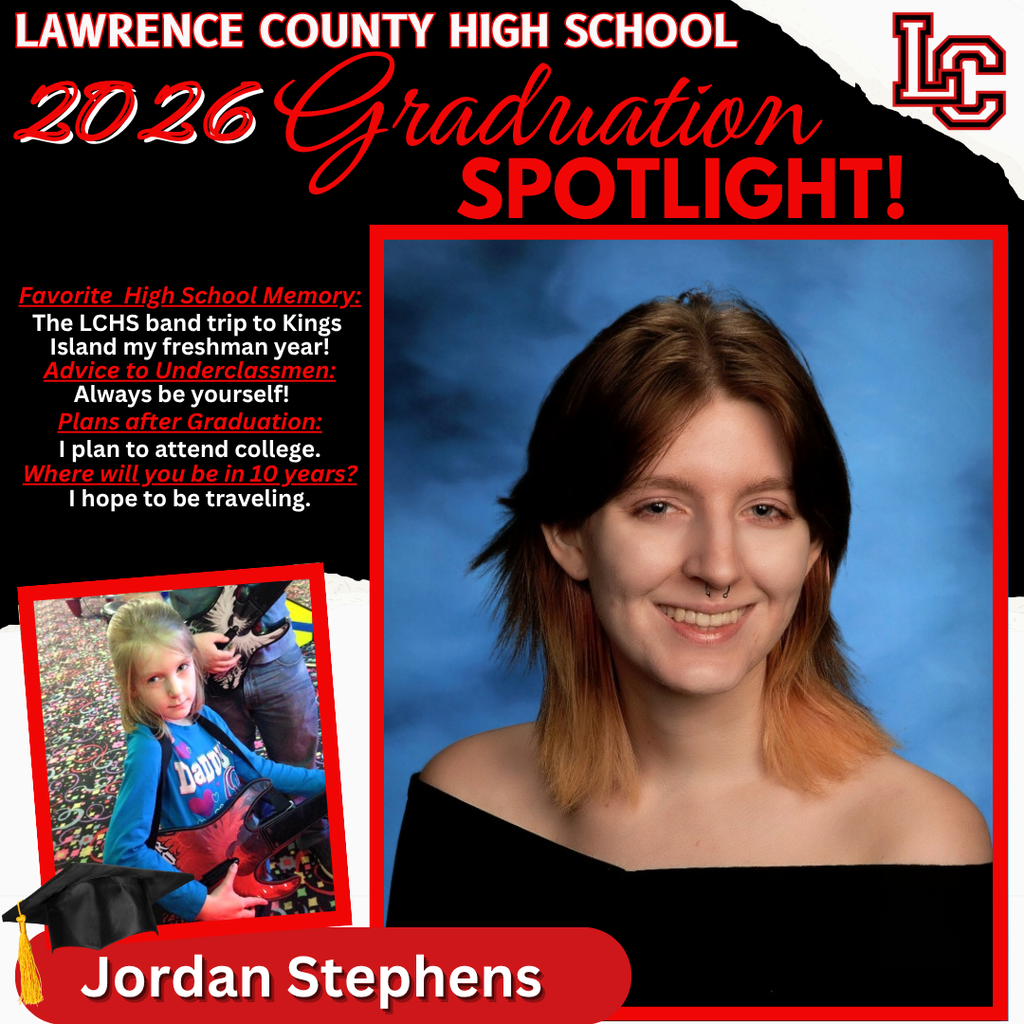 Poster featuring a photo of a smiling woman, Jordan Stephens, in front of a smaller photo. Text: "2026 Graduation Spotlight! Jordan Stephens."