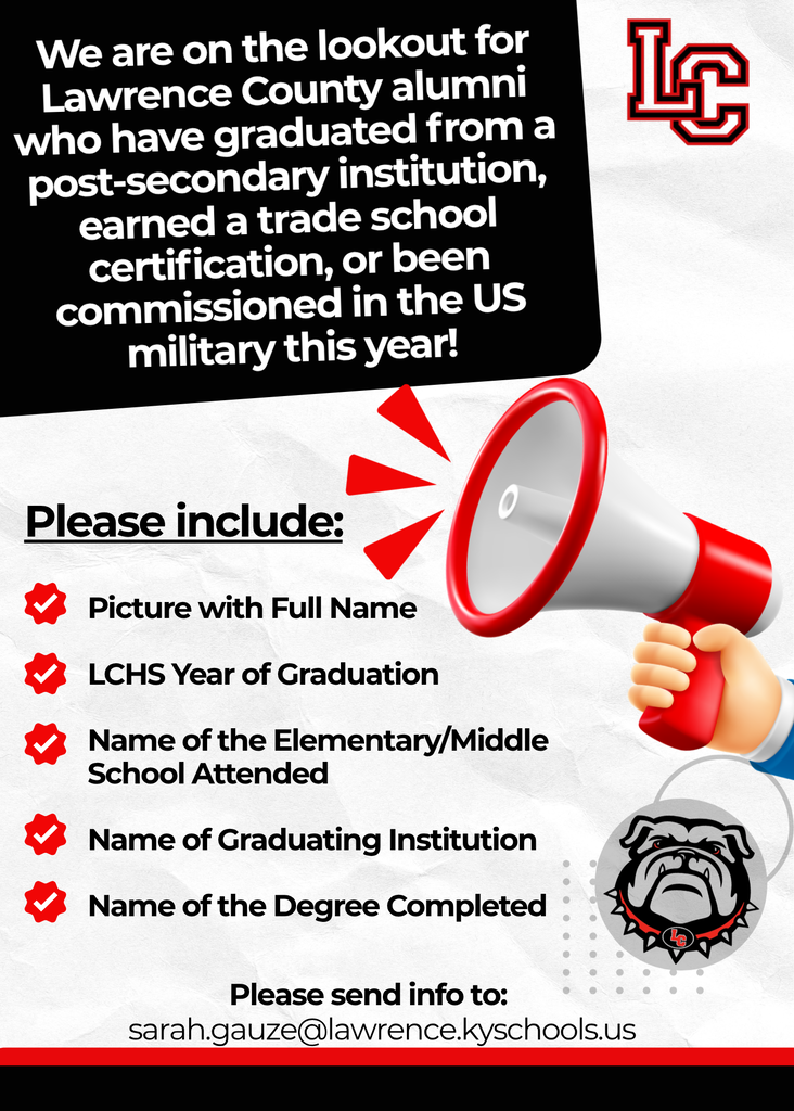 A red and black poster invites alumni submissions. Key details include name, graduation year, and school attended. A megaphone highlights the request.