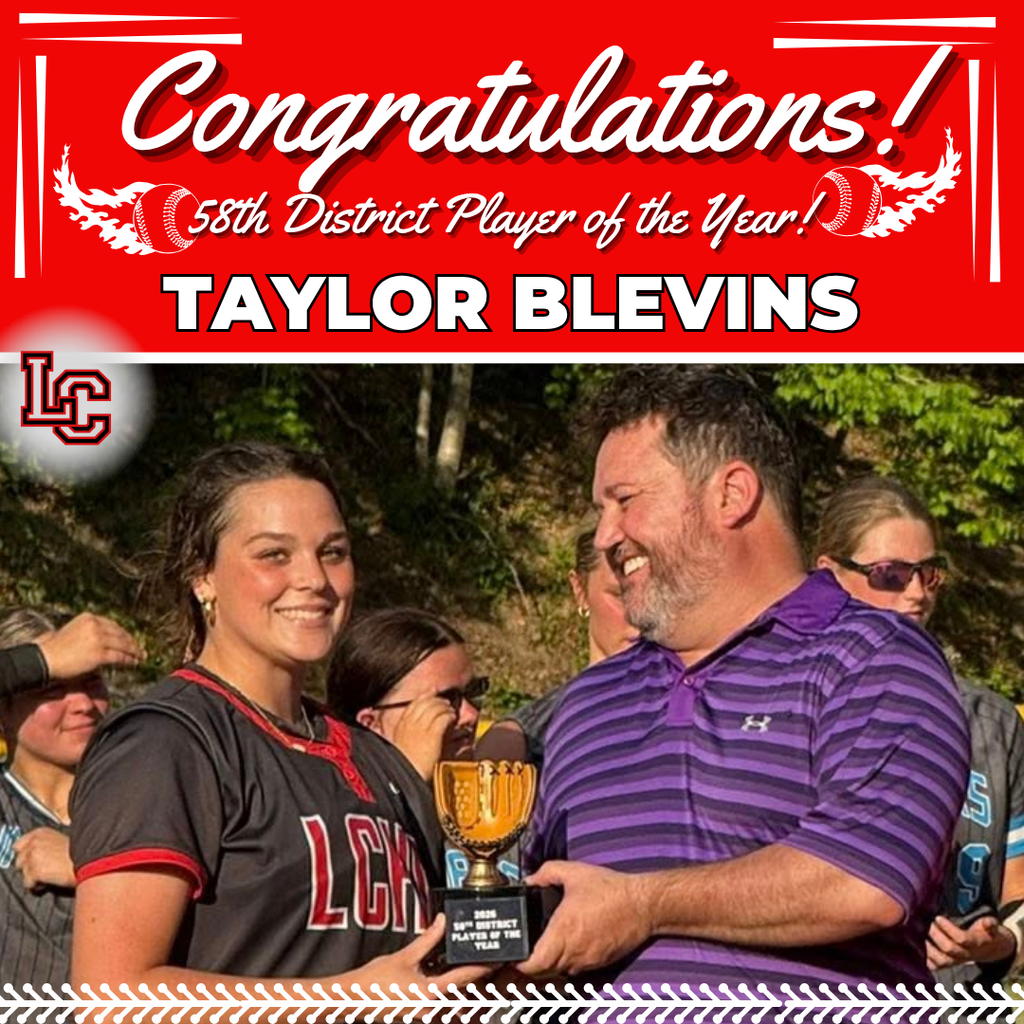 A person holds a trophy with "55th District Player of the Year" and "TAYLOR BLEVINS" written above.
