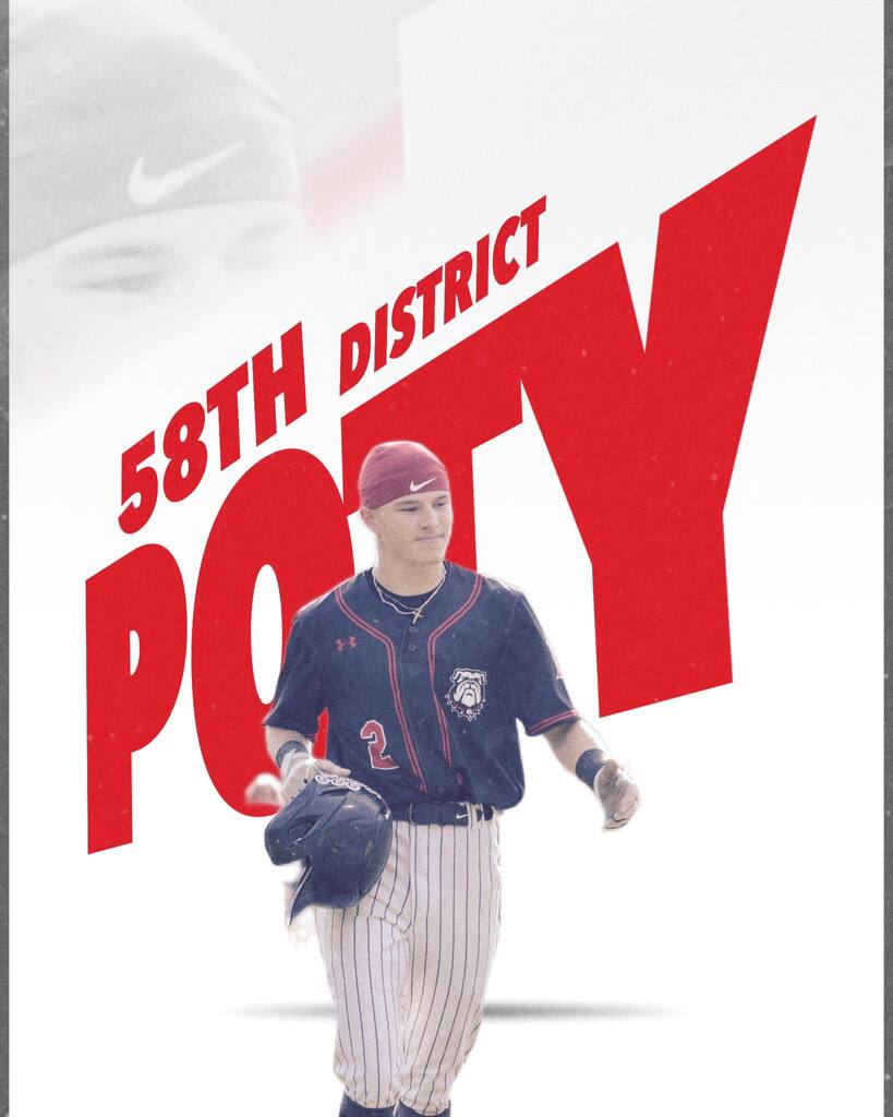 A baseball player in a blue uniform, number 2, holding a helmet. Text reads "58TH DISTRICT POTY" with red letters.