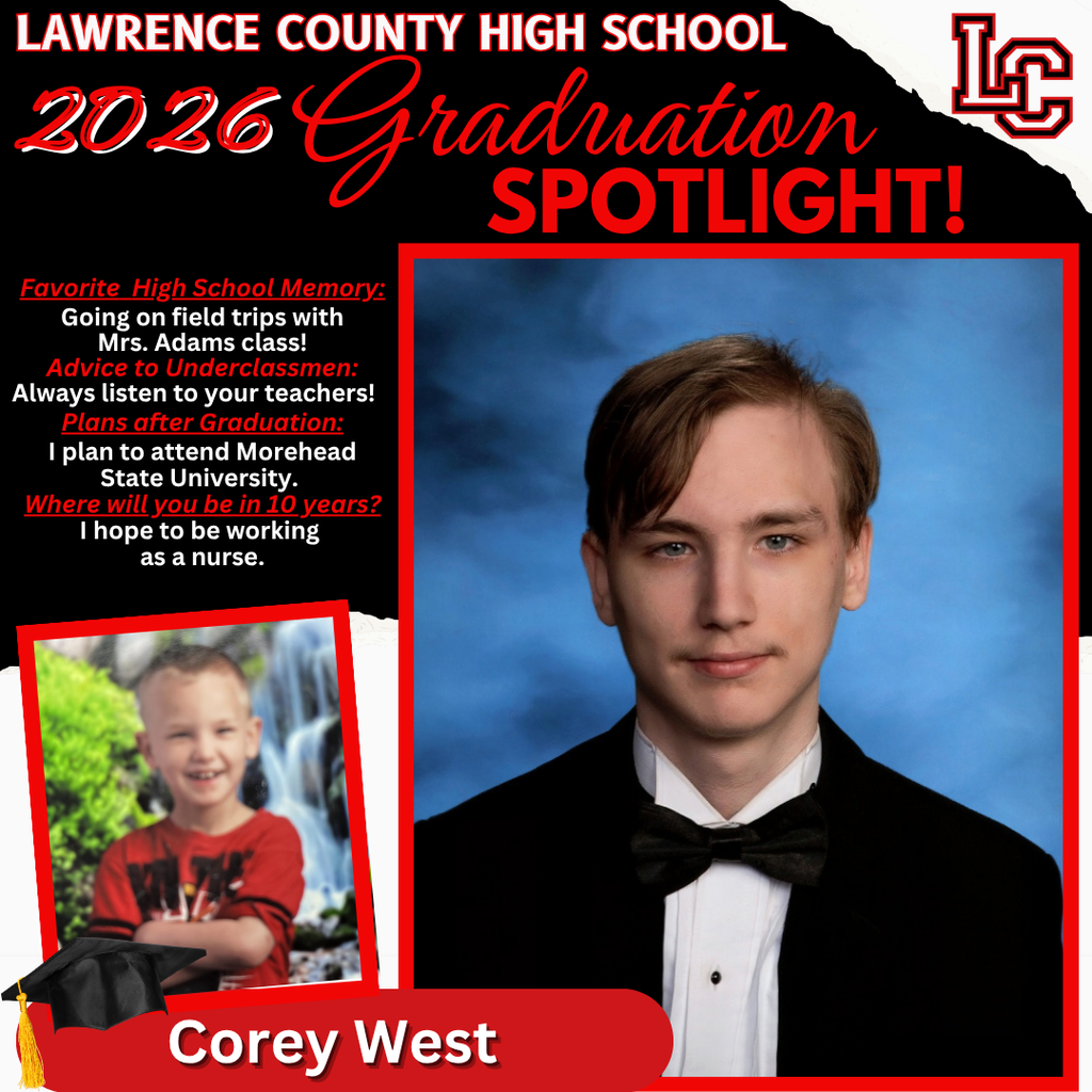 A red and black background shows the 2026 Graduation Spotlight of Corey West. He has short brown hair and wears a black suit.