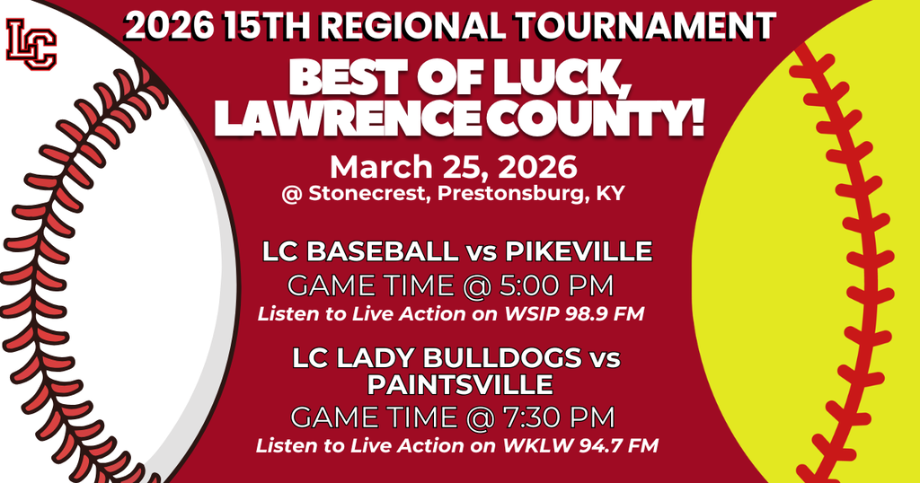 Red and white poster with text "2026 15TH REGIONAL TOURNAMENT" and details about two games on March 25, 2026.