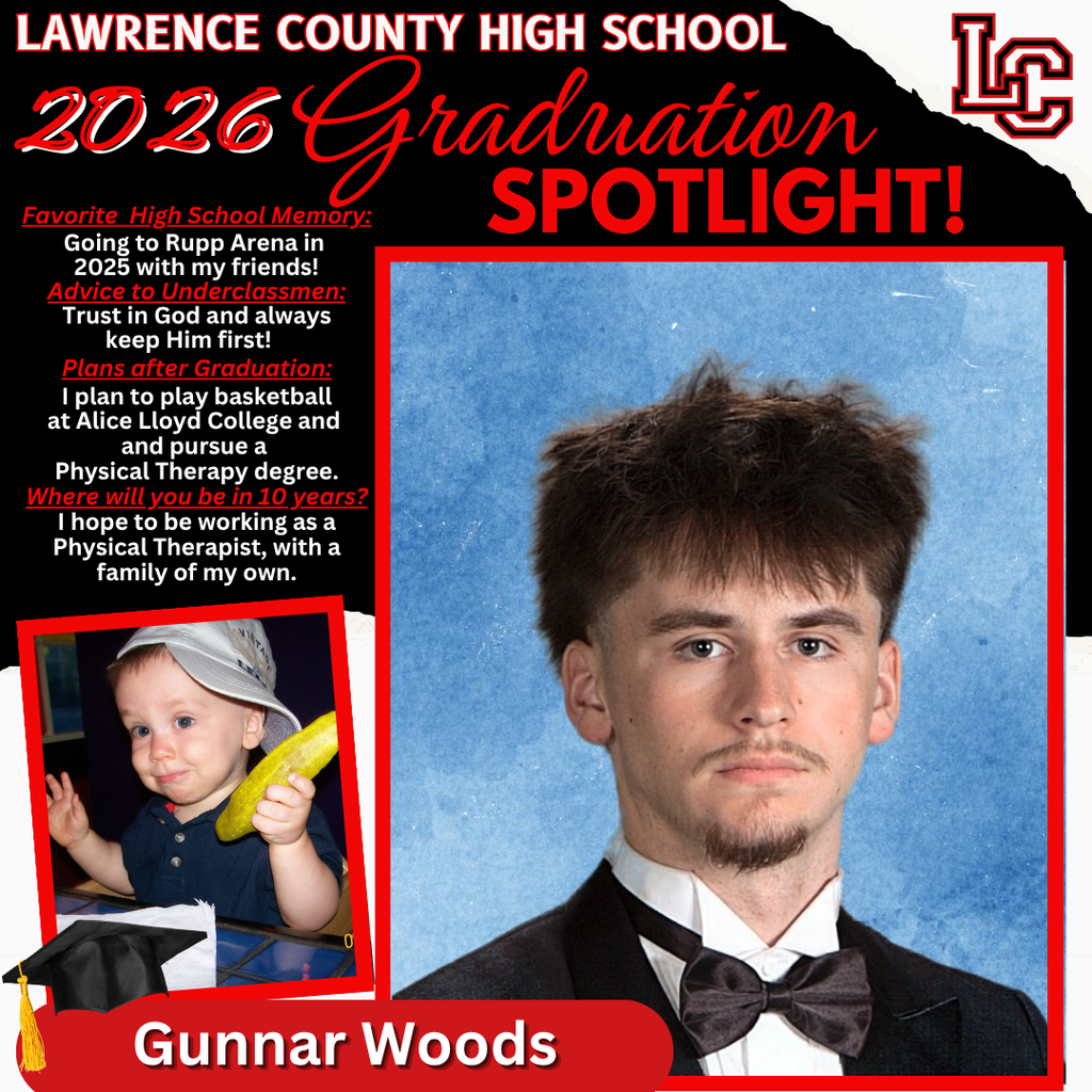 Poster with black border, blue background, photo of Gunnar Woods with bow tie, baby photo, text about graduation.