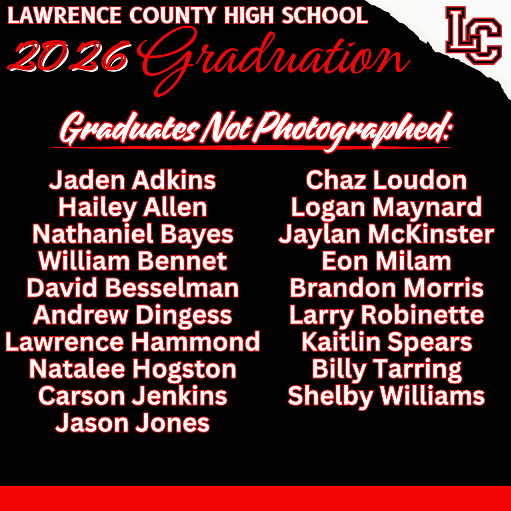 Black and red background with white text. Names of students graduating from Lawrence County High School in 2026.