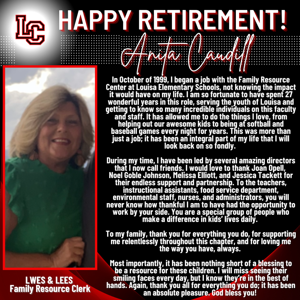 An image with a black background features a photo of a smiling woman with short, light hair. Text reads "Happy Retirement Anita Caudill."