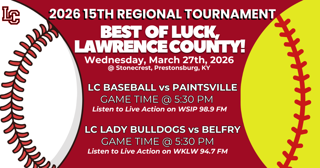 Event flyer for the 2026 15th Regional Tournament. Two baseball games listed, with dates, locations, and radio station information.