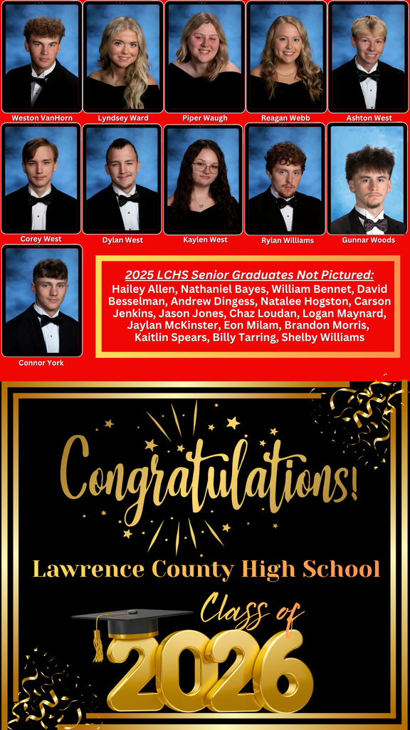 Poster displays 13 senior students, 6 in black suits, 7 in white dresses. Text reads "Congratulations! Lawrence County High School Class of 2026".