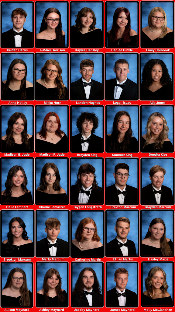 Multiple photos of students, each wearing black and white attire, arranged in a grid format, names listed below each image.