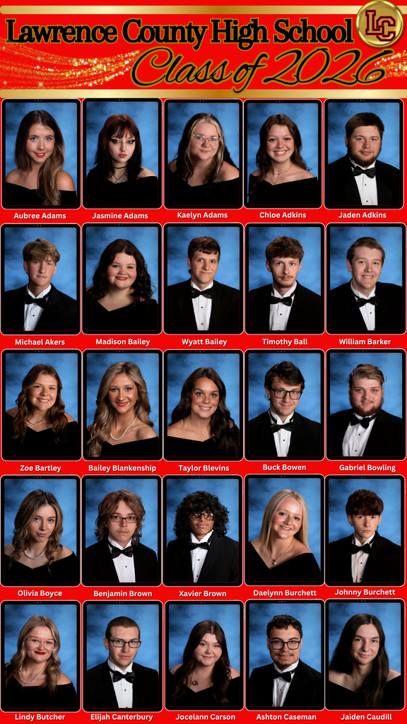 A collage of 24 students in formal attire, including tuxedos and gowns, with the text "Lawrence County High School Class of 2026" at the top.