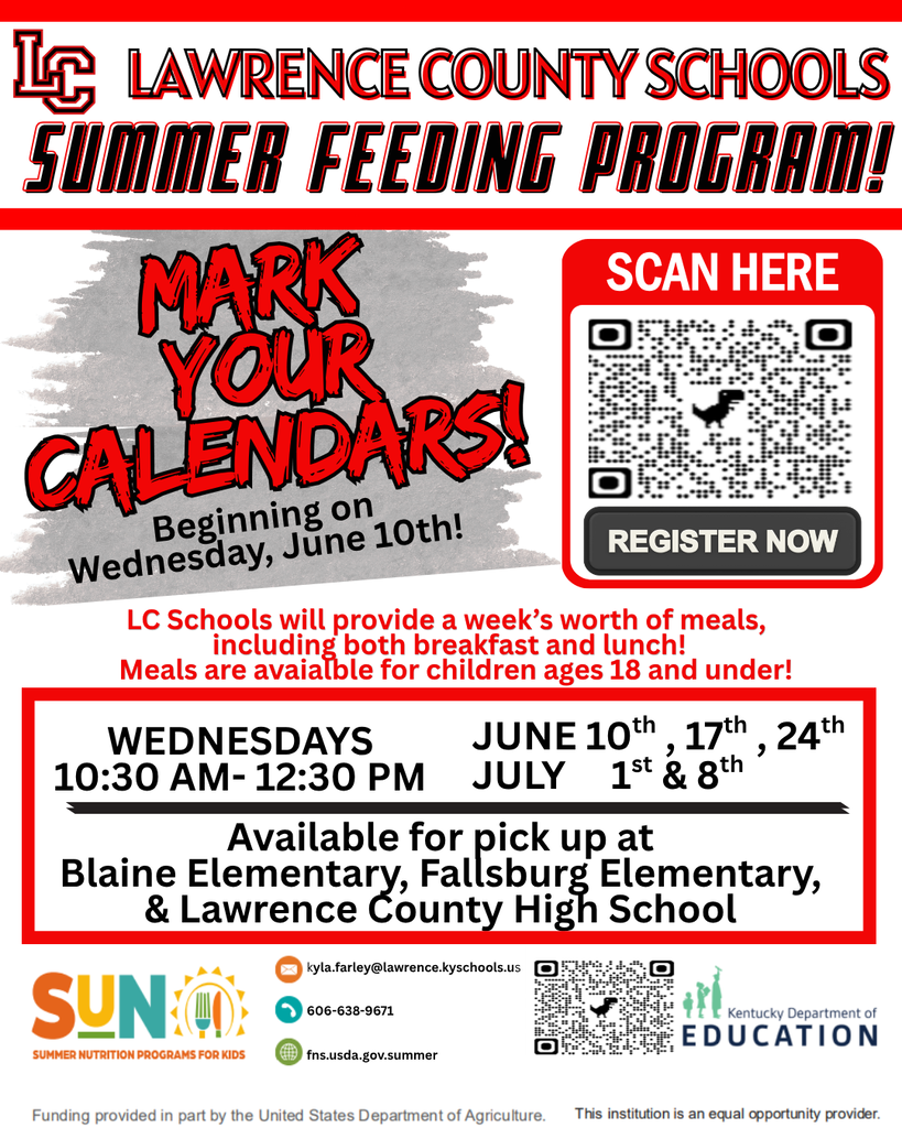 A flyer for Lawrence County Schools Summer Feeding Program. It includes information about dates, locations, and meal details.