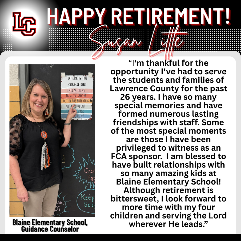 A person with short dark hair stands in front of a chalkboard. Text reads: "Happy Retirement! Susan Little".