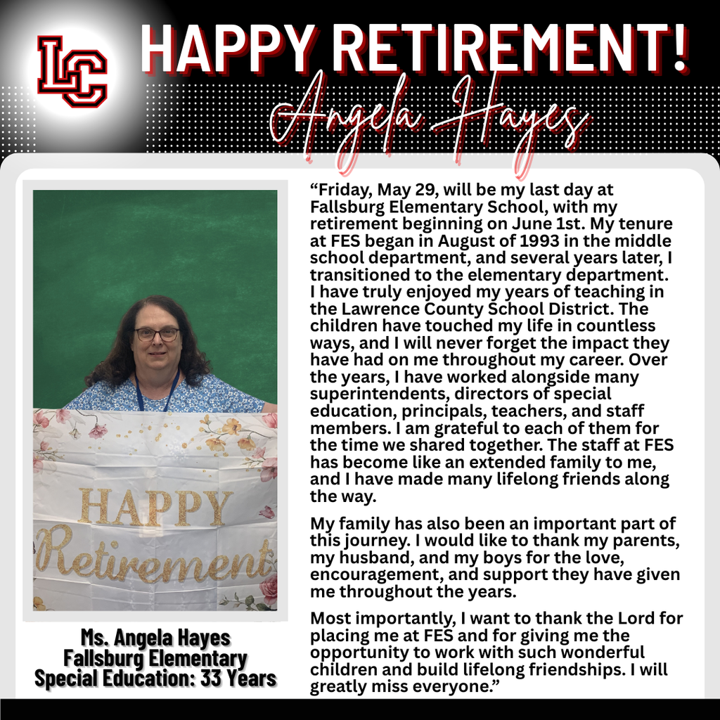 A woman stands holding a sign that reads "Happy Retirement!" with her name, Angela Hayes, and "Special Education: 33 Years."