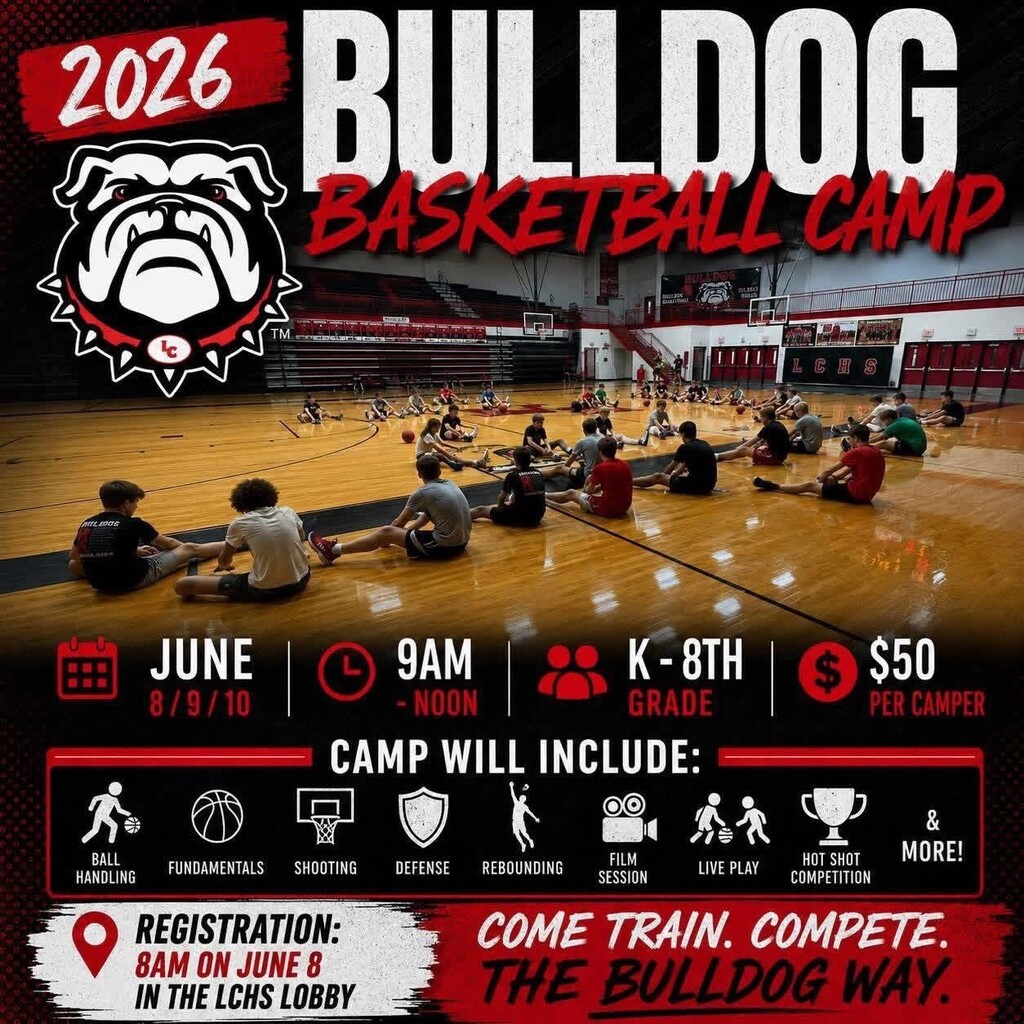 A poster for the Bulldog Basketball Camp in 2026, featuring a logo, people sitting, and a basketball court.