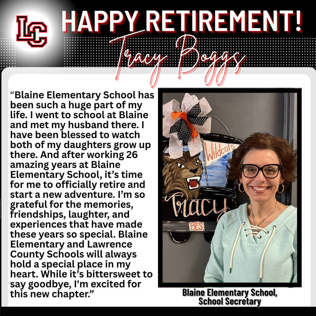An advertisement for a retirement announcement, featuring a woman, Tracy Boggs, with a lion, and text about her 26 years at Blaine Elementary School.