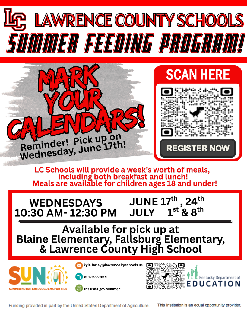 A flyer displays the Lawrence County Schools Summer Feeding Program. It features a red and white color scheme and QR codes.