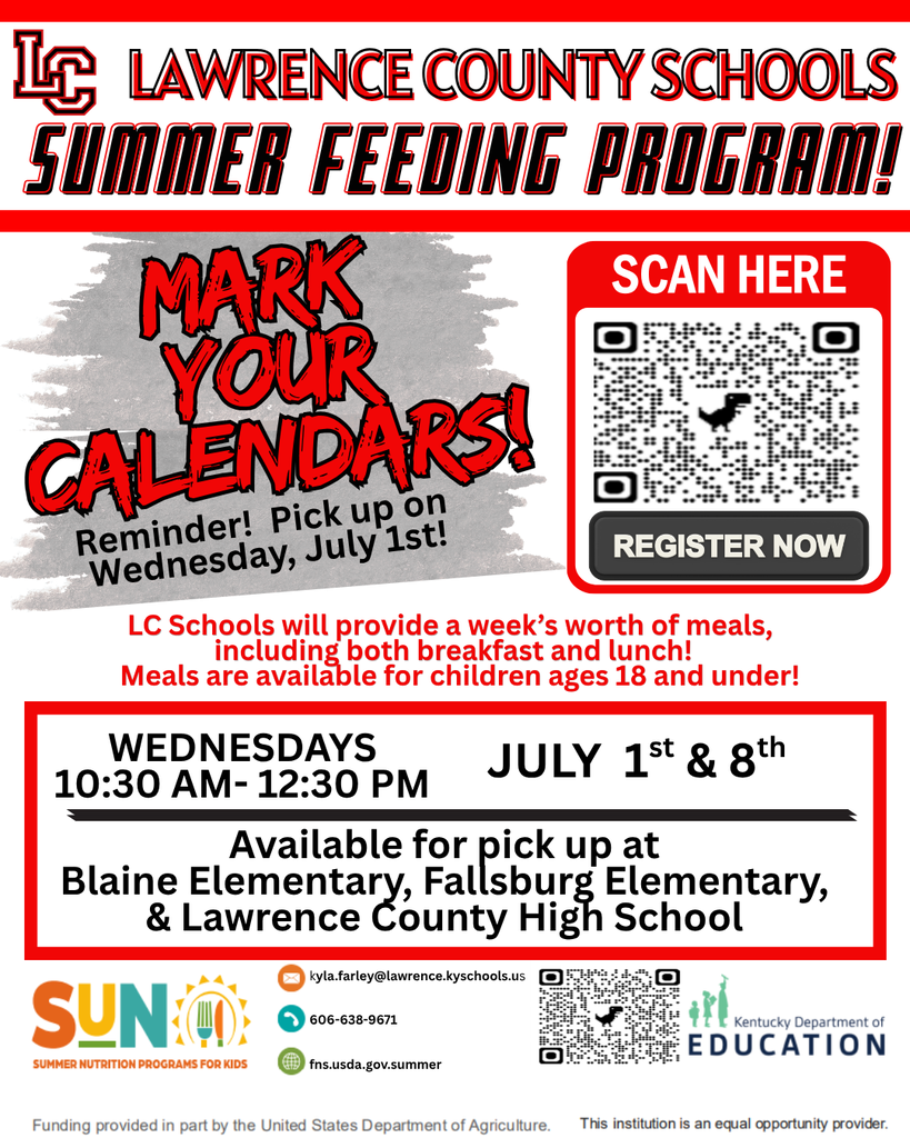 A flyer with red text. It says "Mark your calendars!" QR codes are provided. Pick-up dates and locations are listed.