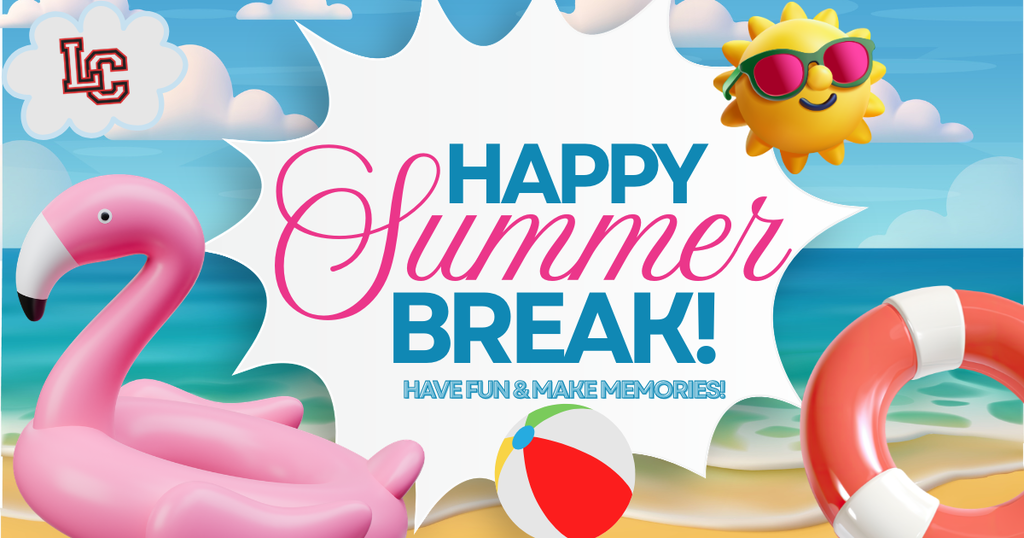Pink inflatable flamingo, lifesaver, beach ball on sand. Bright sun, clouds, ocean in background. Text reads "Happy Summer Break!"
