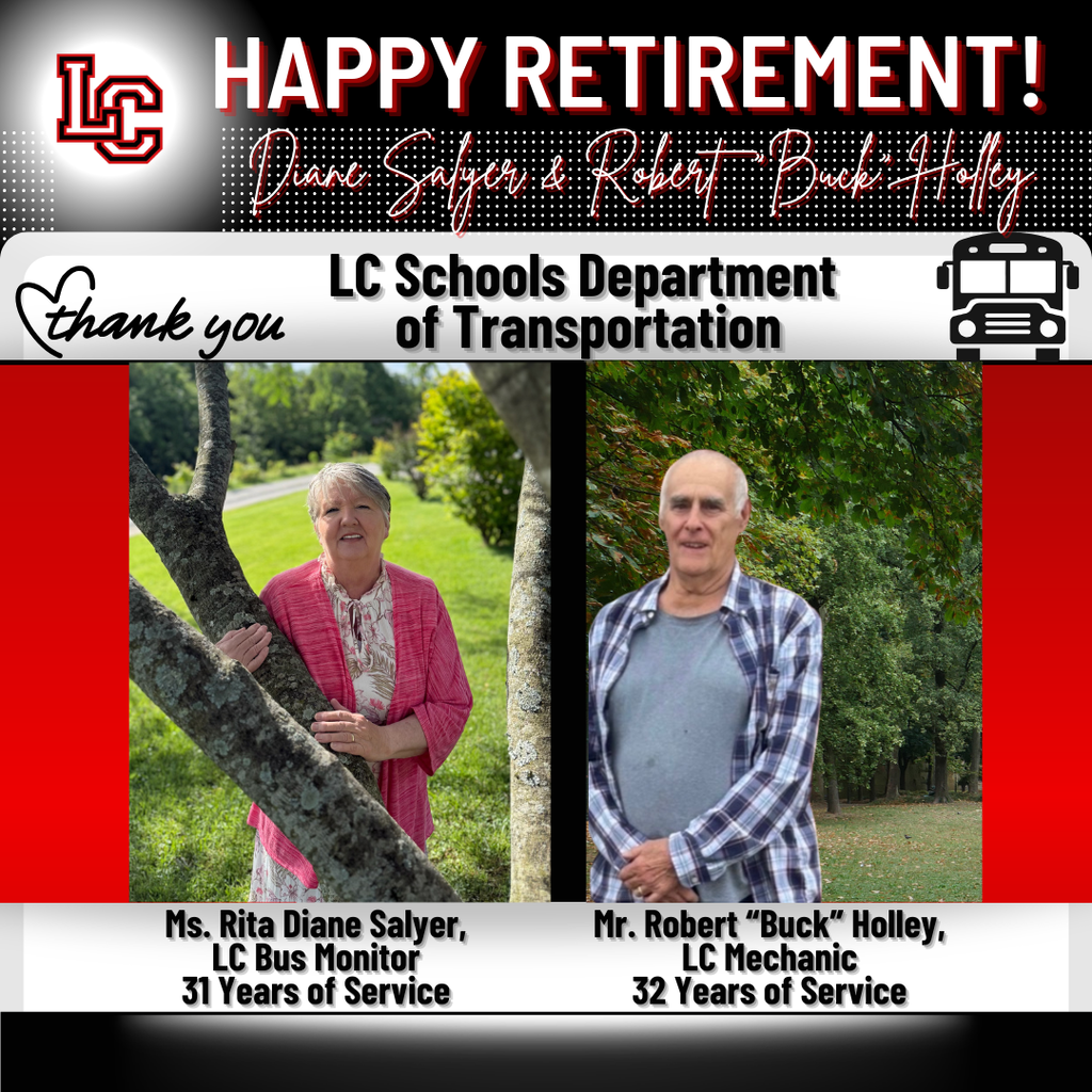 A poster shows two retirees, a woman and a man, standing outdoors near a tree, with their names and years of service.