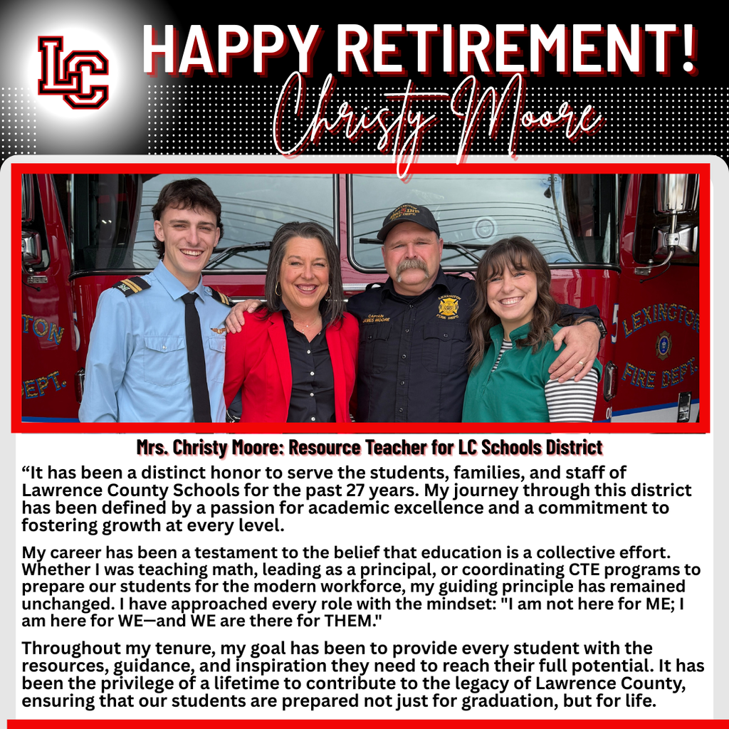 Four people, two adults and two children, stand together near a fire truck. Text reads, "Happy Retirement, Christy Moore."