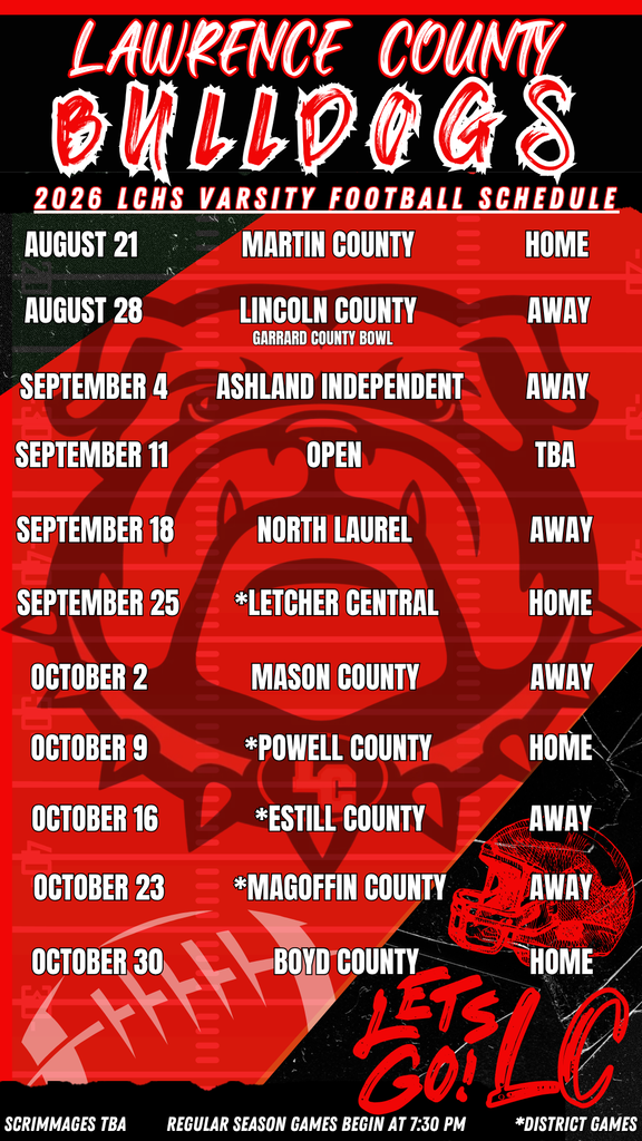 A red and black background displays the 2026 Lawrence County High School football schedule with dates and opponents listed.