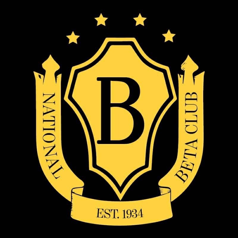 A logo for Beta Club on a black background. It features a yellow shield with a B inside, flanked by two banners.