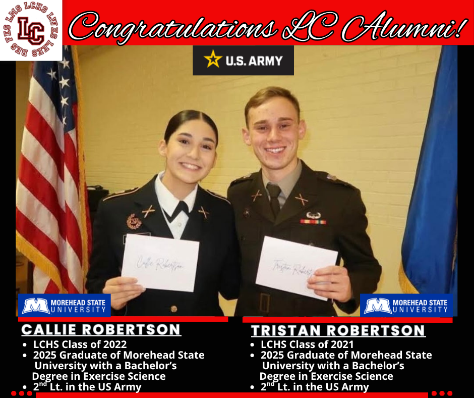 Two graduates, Callie and Tristan, in military uniforms hold certificates. Callie is in a black uniform, Tristan in a green one. Both hold papers with text.