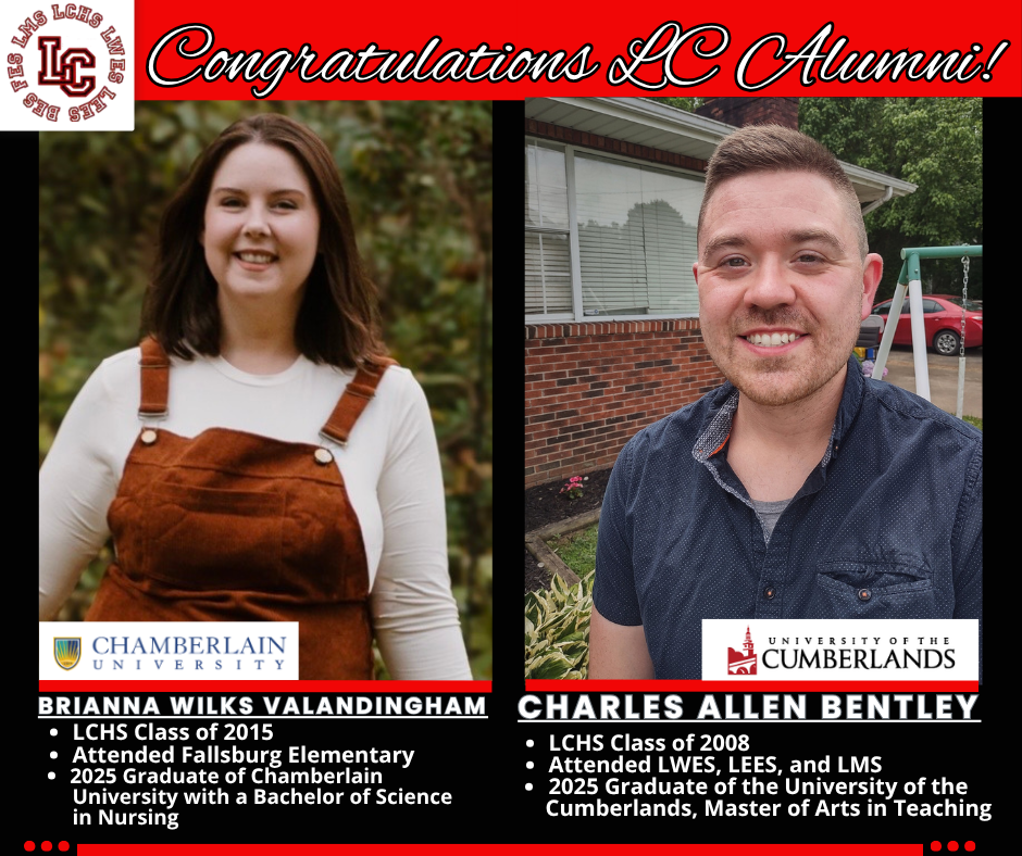 Two smiling people, a woman in an apron and a man in a shirt, stand against a red background. Text highlights their education paths.