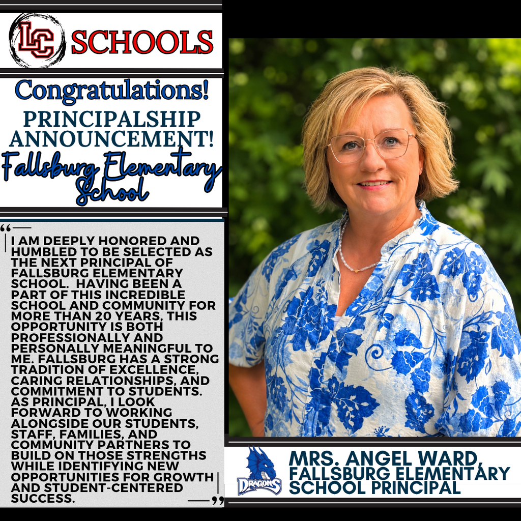 A woman stands outside with greenery. Text reads "Congratulations!" and her name as the new principal of Fallsburg Elementary School.