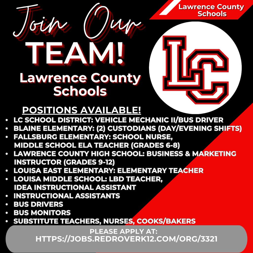 A black and red recruitment flyer for Lawrence County Schools. It lists various positions available, including vehicle mechanic, custodians, and teachers.