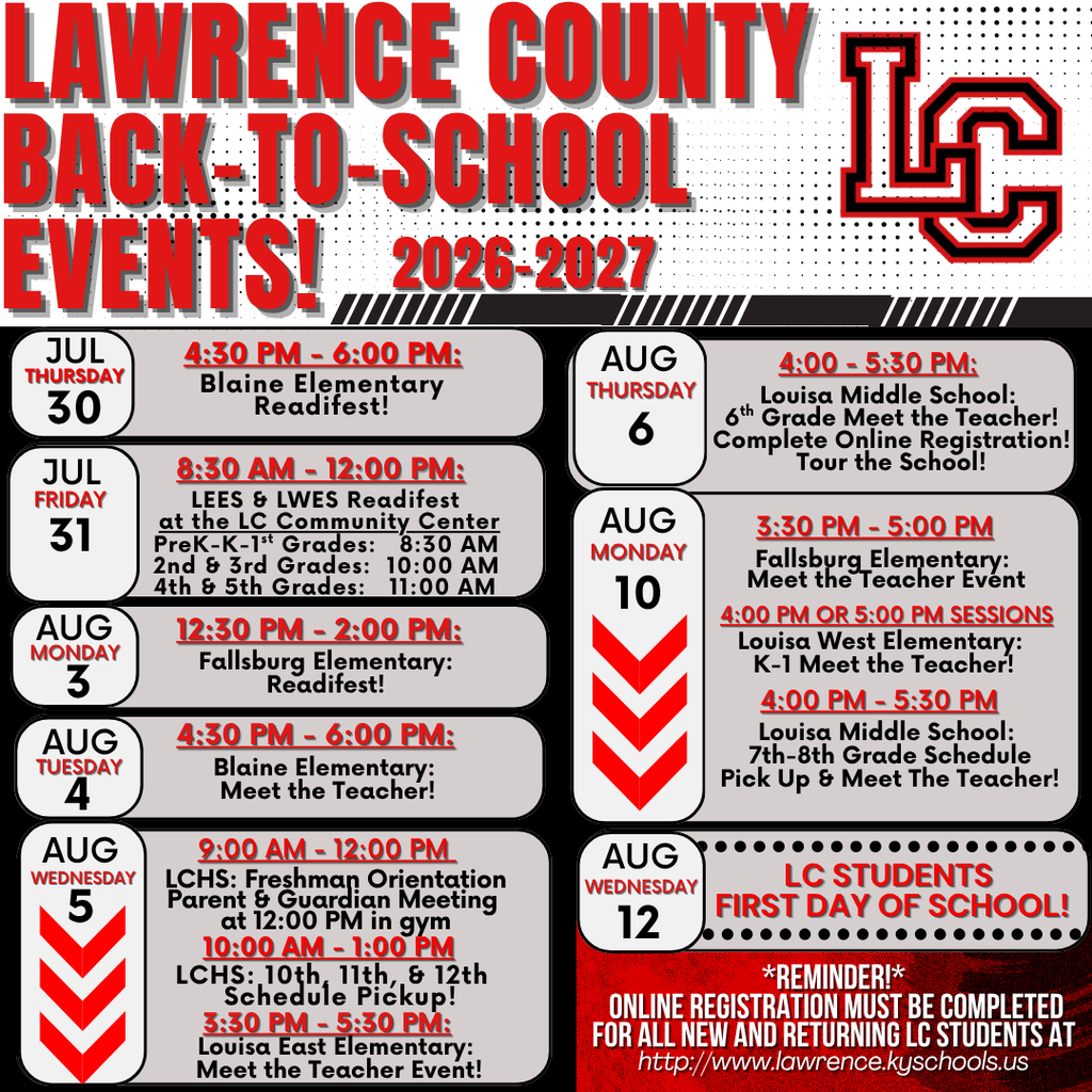 A flyer for Lawrence County Back-to-School Events in 2026-2027 shows dates and times for events at various elementary schools.