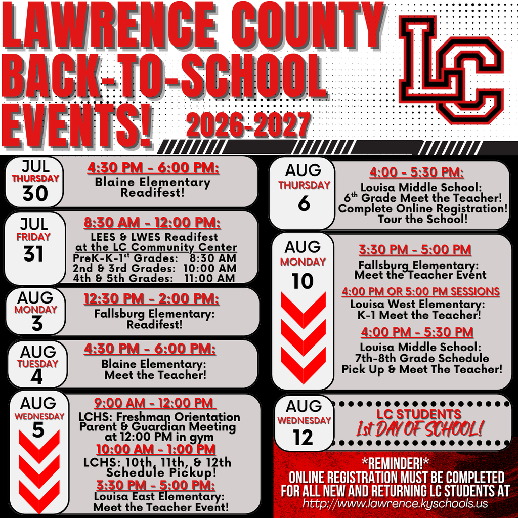 Poster with red and black colors featuring events schedule for Lawrence County Back-to-School events in 2026-2027.