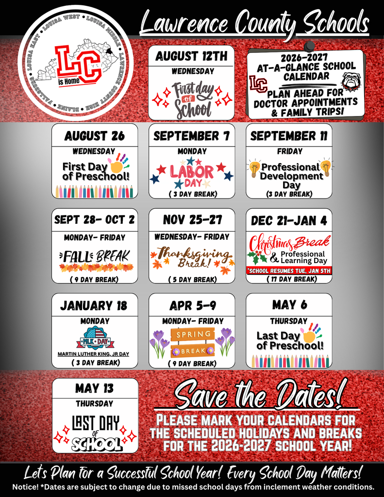 Calendar with school dates for Lawrence County Schools from August 12th, 2024 to May 13th, 2025.
