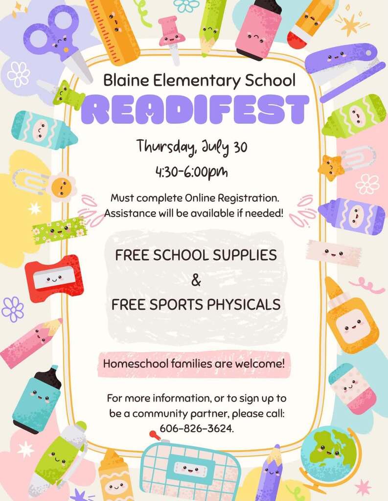 A colorful poster with school items like scissors and pencils promotes the Blaine Elementary School ReadiFest on July 30.
