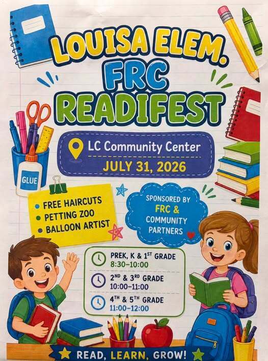 An event flyer for "Louisa Elem. FRC ReadiFest" on July 31, 2026. It features children with books and school supplies.