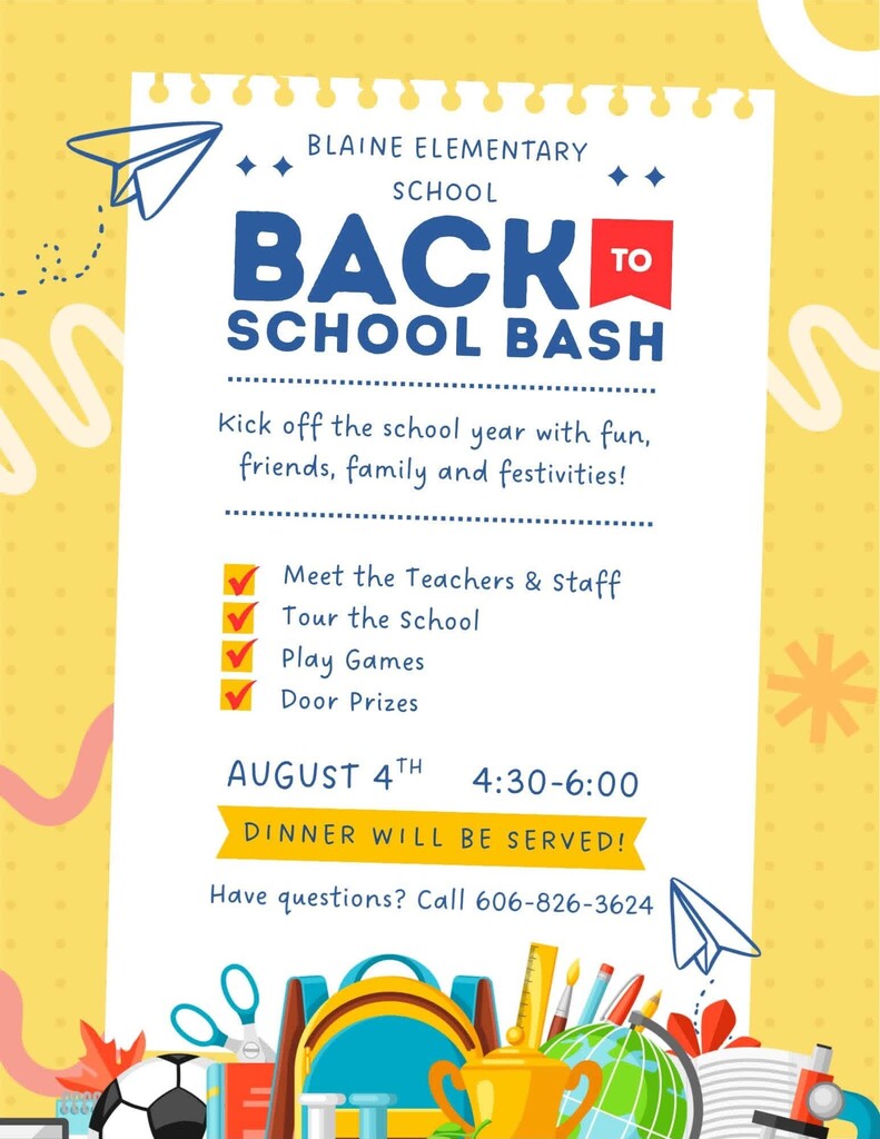 Advertisement for Back to School Bash. Features list of activities, date, and time. Bright yellow background with icons.