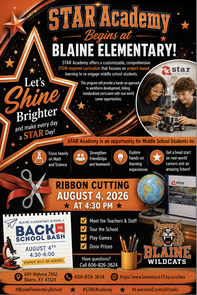 A poster features a star, scissors, and globe, advertising "STAR Academy" at Blaine Elementary, scheduled for August 4, 2026.