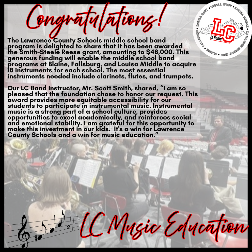 Text overlays images of a band in performance. The headline reads "Congratulations!" with a school logo. A band instructor comments on the funding.