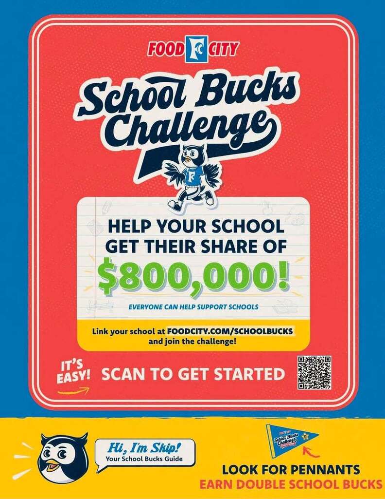 Red and blue poster for the "School Bucks Challenge" features an animal logo. Text reads, "Help your school get their share of $800,000."