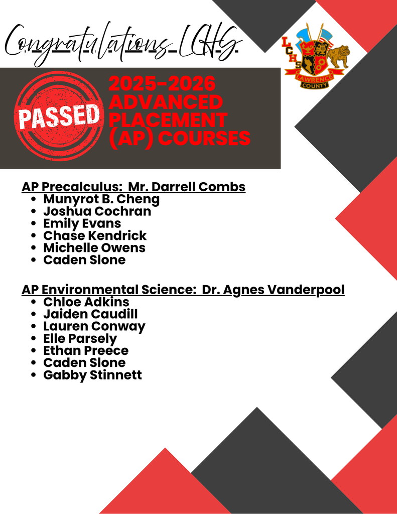 Black, white, and red text on a white background. The text reads "Congratulations" and lists names and AP course instructors.