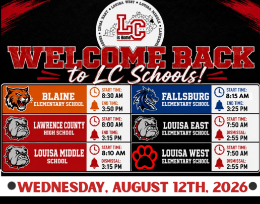 Poster with a black background. It features schools with start times and dates. Text reads "Welcome Back to LC Schools!"