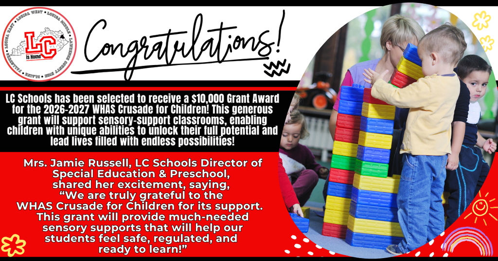 A poster shows children playing with colorful blocks, with a message celebrating a $100,000 grant award.