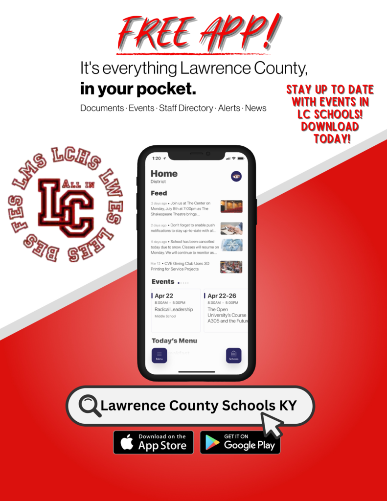 Red and white ad for the Lawrence County Schools app. Shows a phone displaying the app with icons.