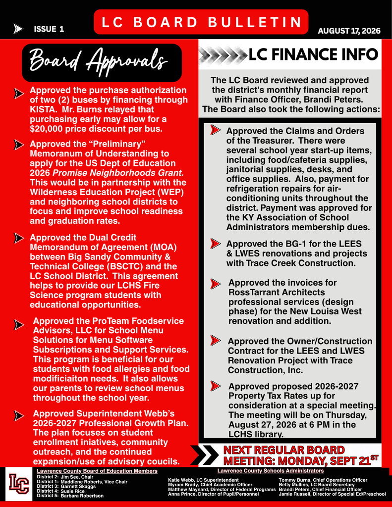A document displays the LC Board Bulletin. It features various approvals, including the purchase of buses and a meal agreement.