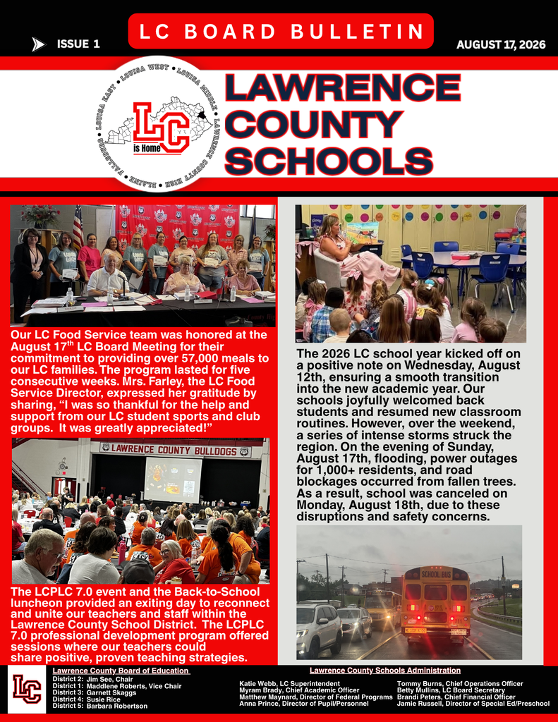 Cover page of a bulletin shows a photo of people seated, text at top reads "Lawrence County Schools" and "LC Board Bulletin."
