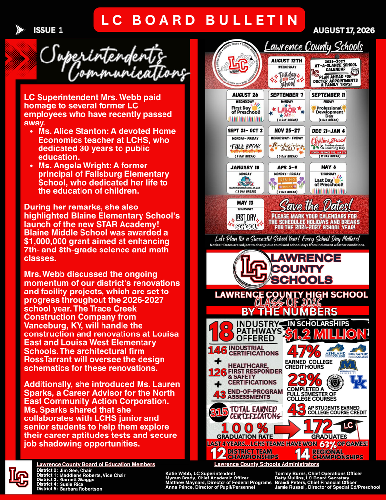 Bulletin page from the August 2023 issue of Lawrence County Schools. Contains various texts, numbers, and logos in red, white, and black.