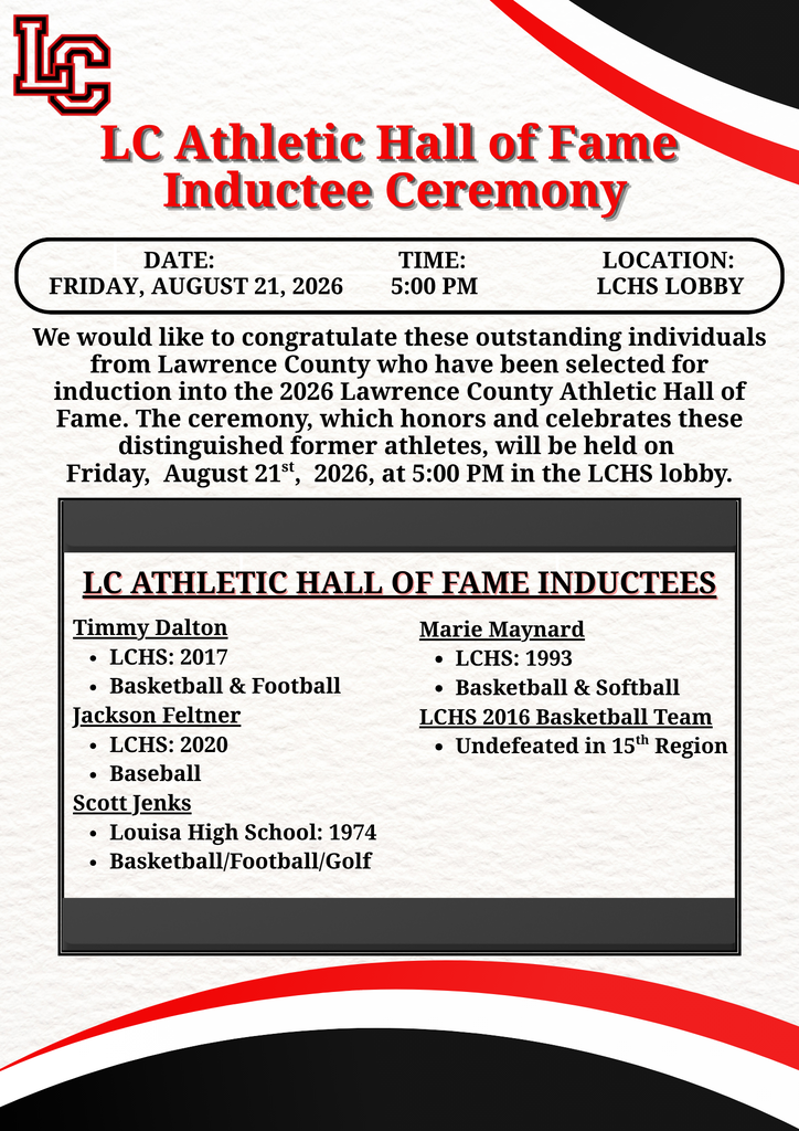 Invitation for LC Athletic Hall of Fame ceremony on August 21, 2026, at 5 PM in LCHS Lobby. Honorees include Timmy Dalton, Marie Maynard, Jackson Feltner, and Scott Jenks.