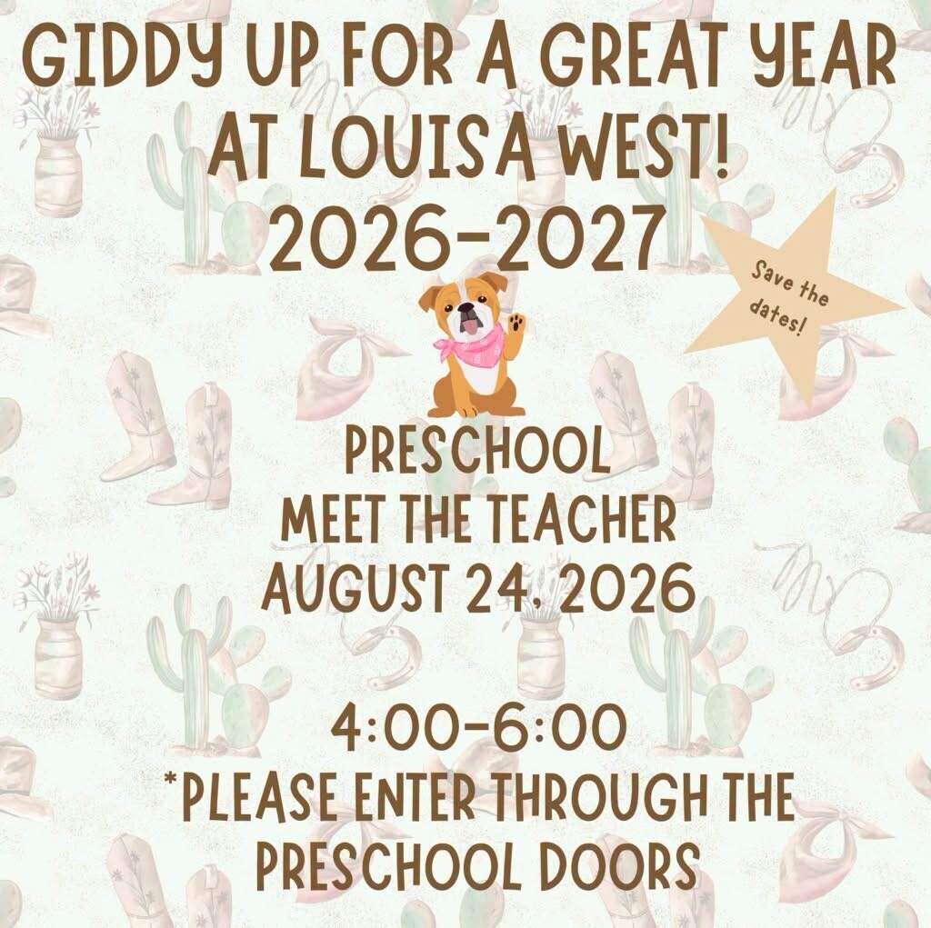 Invitation for a teacher meet event at Louisa West Preschool in 2026-2027. It includes a dog, cacti, and cowboy boots on the design.