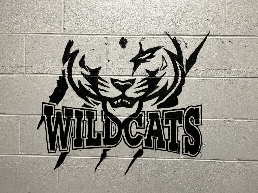 White wall with a black and white tiger face labeled "Wildcats" on it.