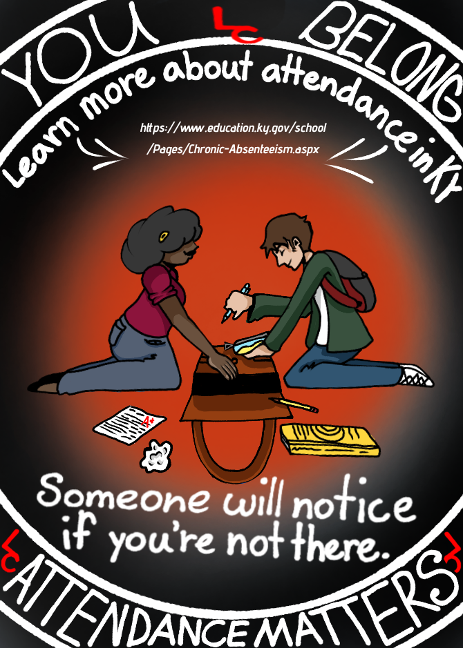 Illustration of two students seated, one writing on paper. Caption reads, "Someone will notice if you're not there." Website address at top.