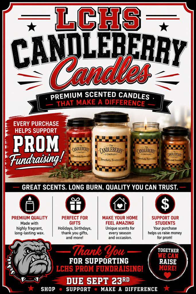 Candles displayed on a wooden surface. The candles have different colors and scents. Text on the banner reads "LCHS Candleberry Candles."